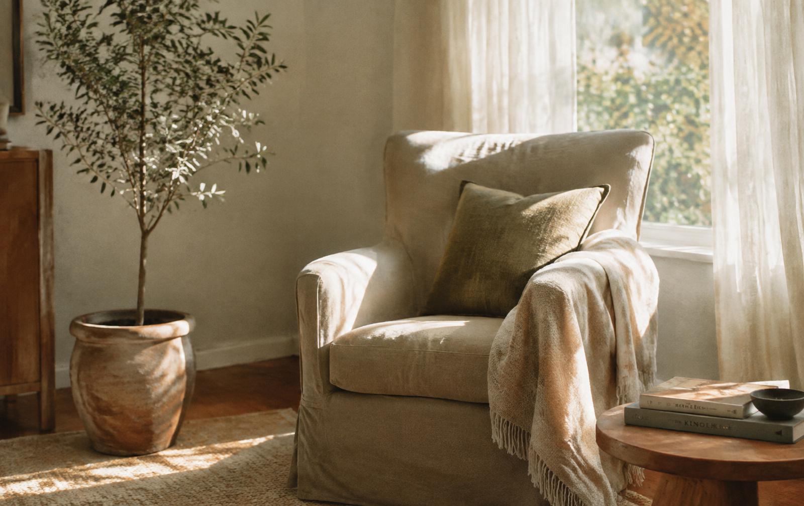 A quiet sunlit room with an armchair